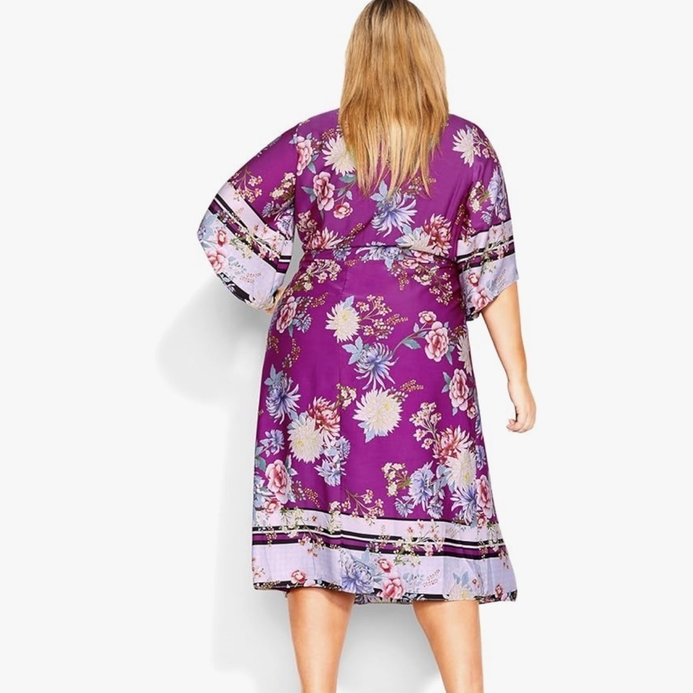City Chic Linda Floral Faux-Wrap Shift Purple In Seafoam Festival Dress Size 20 - Picture 2 of 6